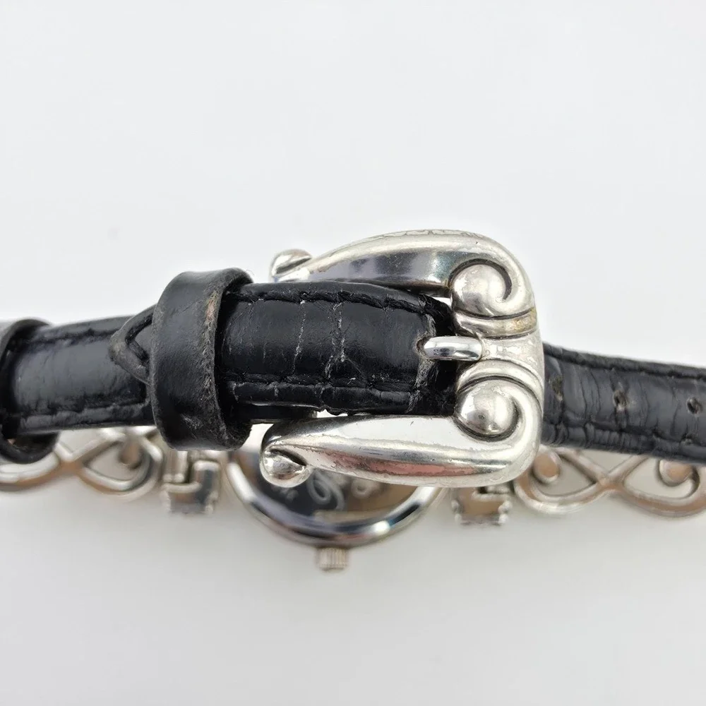 BRIGHTON 'Champagne' Watch Black Leather Band Scrollwork Gold Silver Plate 7.25